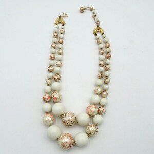 Vintage Necklace Double Strand 13" Cream Gold Speckled Graduated Beads Japan